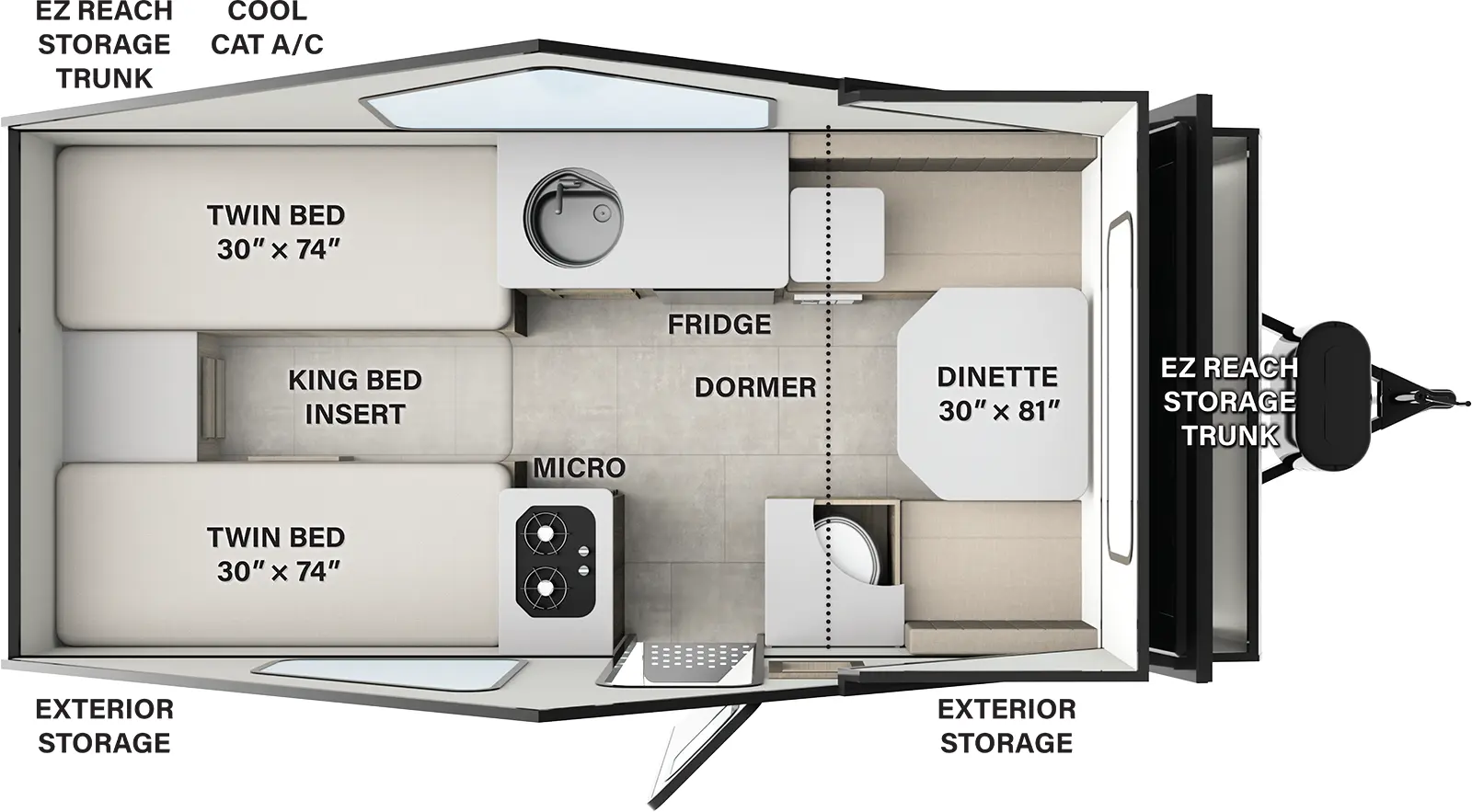 The A213HS has zero slideouts and one entry. Exterior features front and rear EZ reach storage trucks, and a Cool Cat A/C. Interior layout front to back: front dinette, off-door side cabinet with sink, and refrigerator, rear opposing twin beds with king bed insert, and door side cabinet with microwave and cooktop, entry door, and toilet.